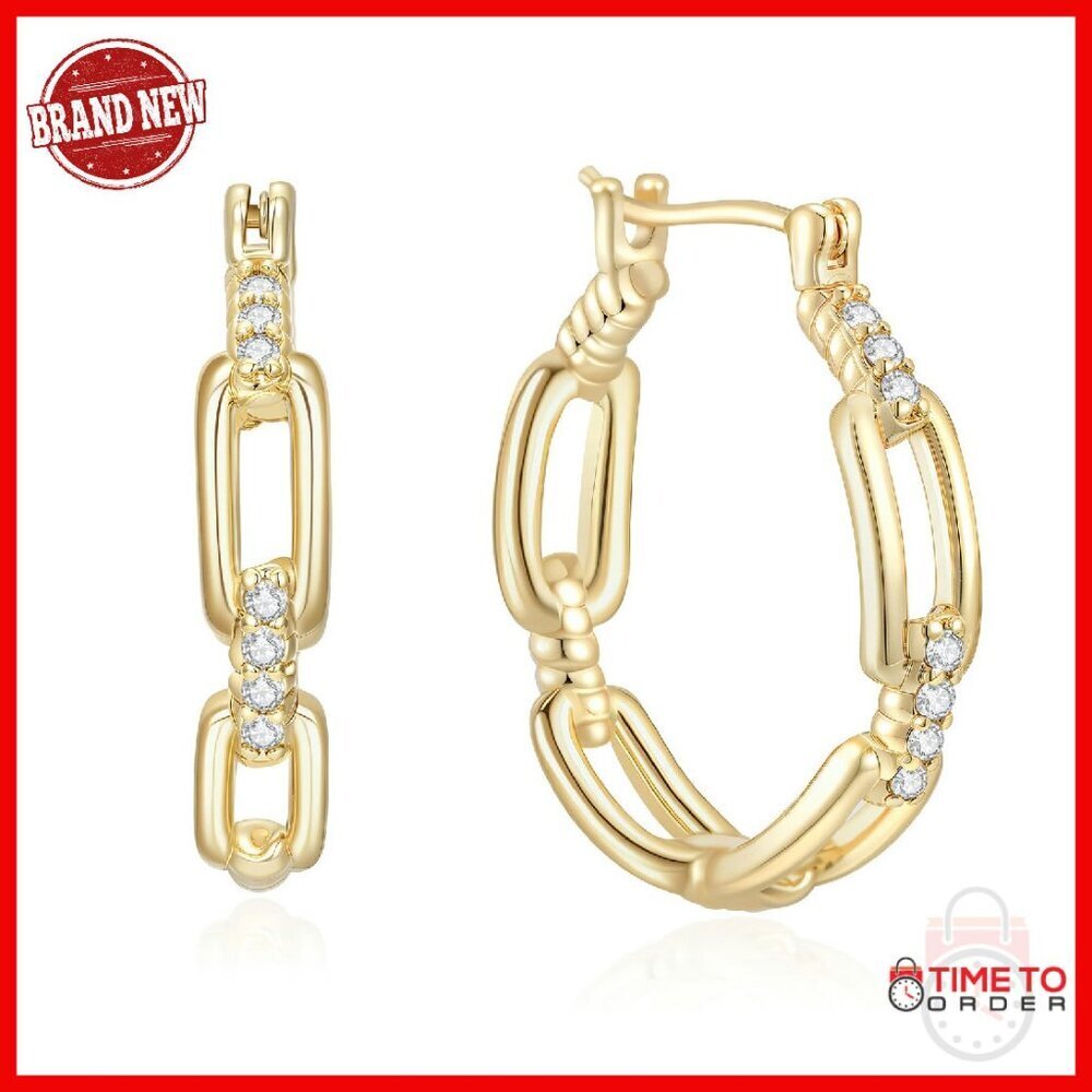 14K Gold Plated Hoop Earrings 30mm Cable Design Zircon Accent